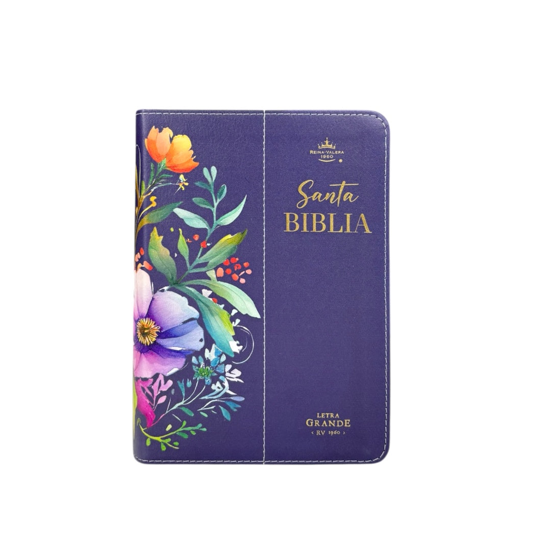 BIBLIA REINA VALERA 1960 COMPACTA IMITACION PIEL DE ALTA CALIDAD C/ CANTO PINTADO FLORES lila