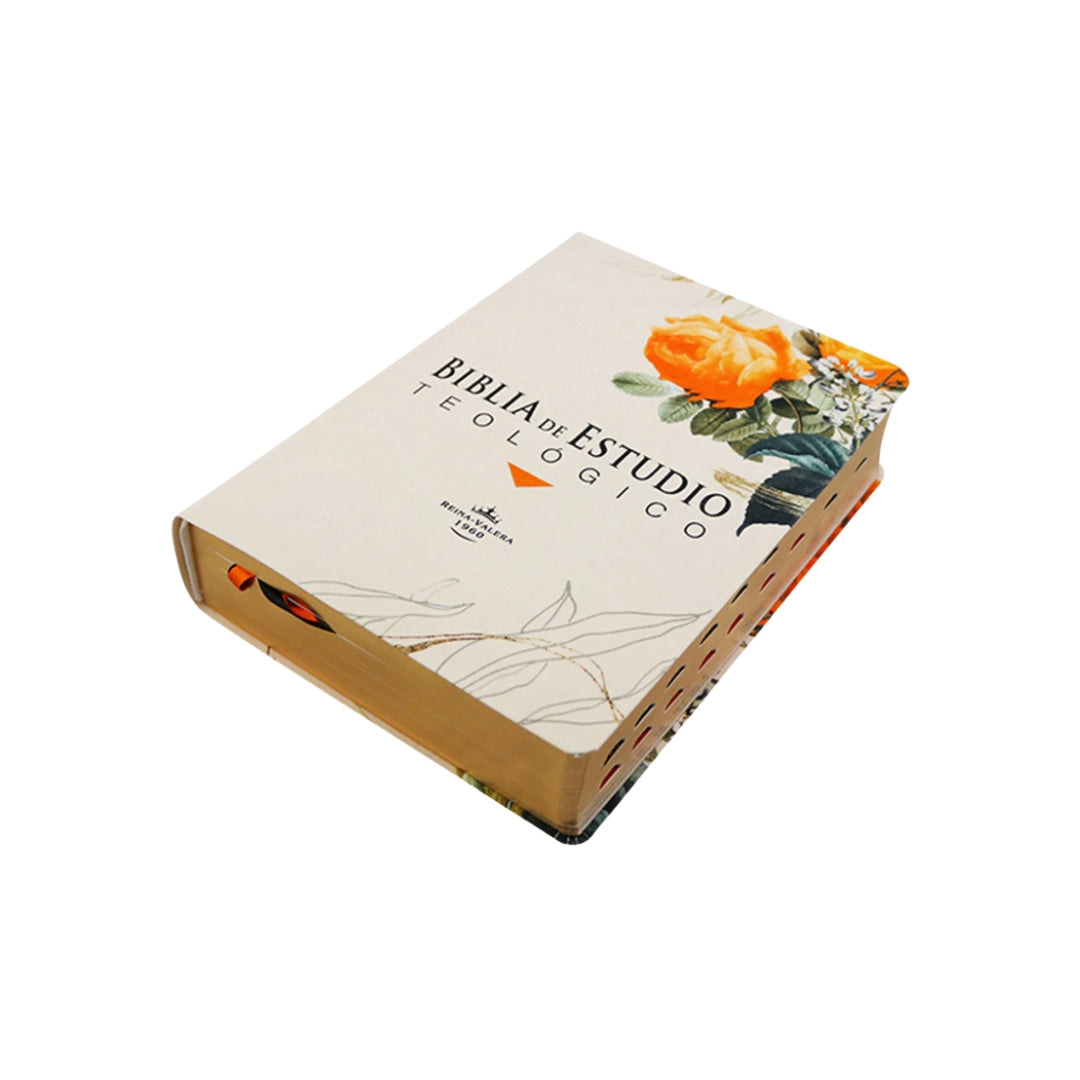 Biblia de estudio teológico RVR60, tamaño mediana, tela estampada, "flor naranja"