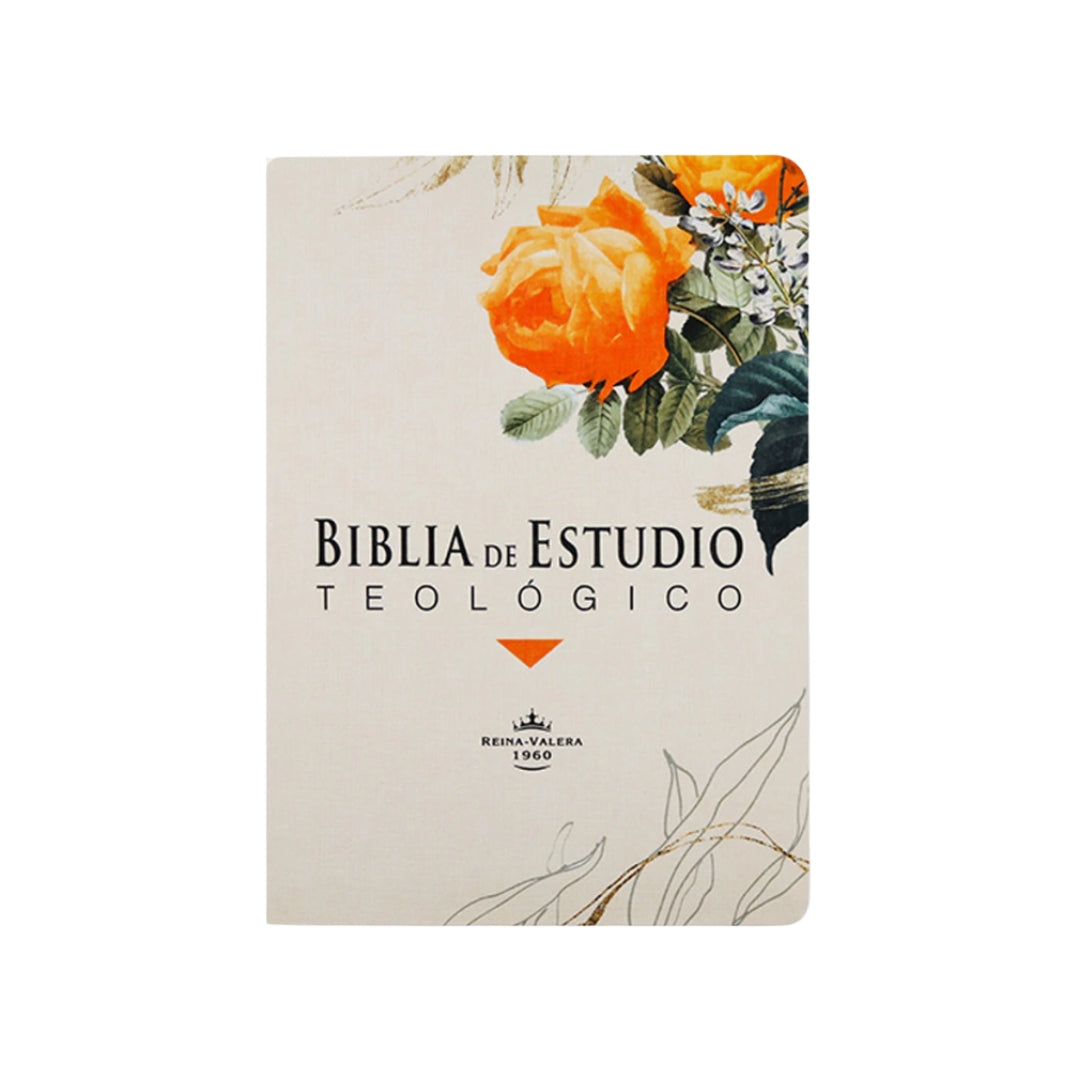Biblia de estudio teológico RVR60, tamaño mediana, tela estampada, "flor naranja"