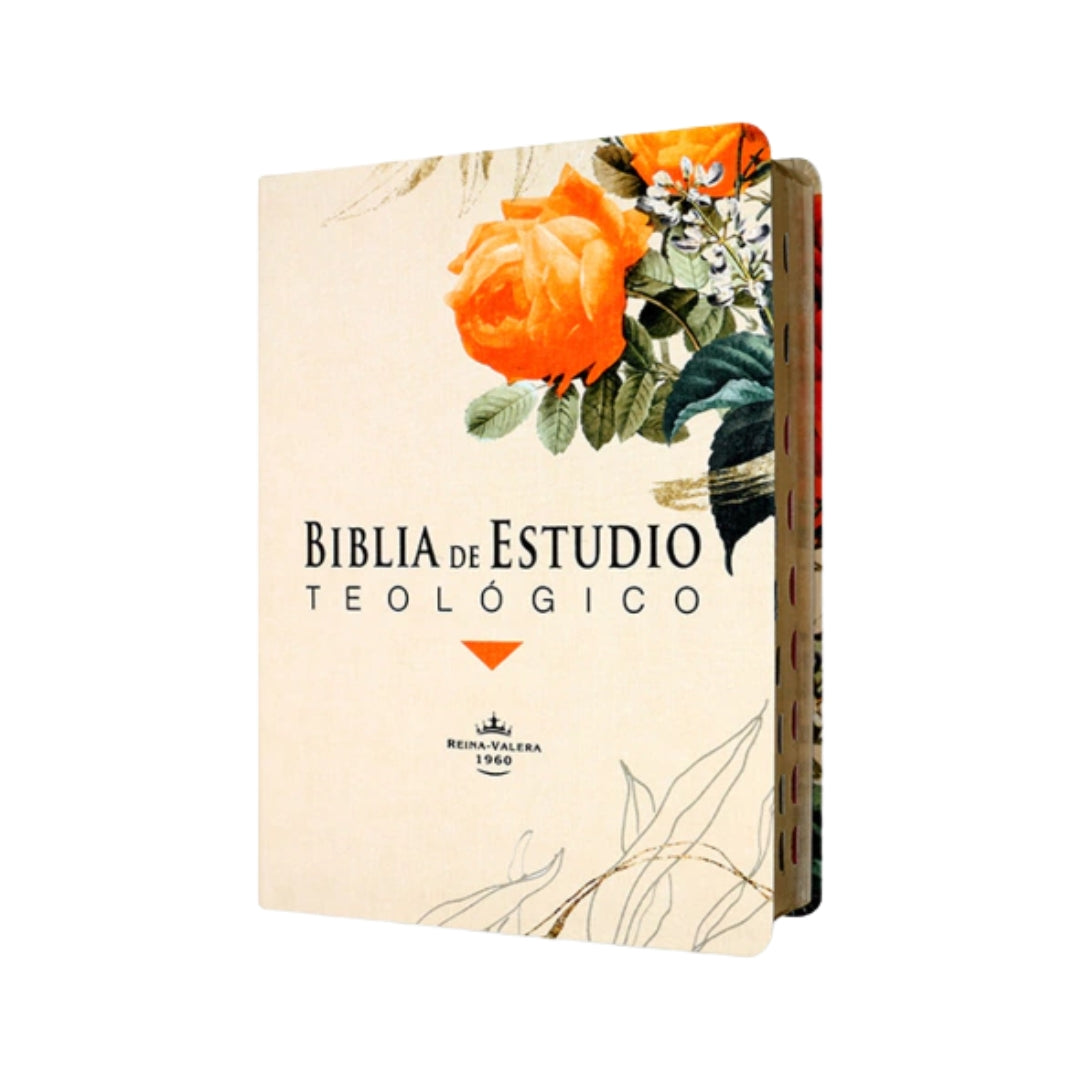 Biblia de estudio teológico RVR60, tamaño mediana, tela estampada, "flor naranja"