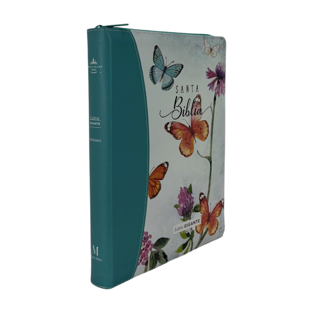 BIBLIA RVR 1960 GIGANTE DISEÑO MARIPOSA TURQUESA/ROSA IMIT PIEL