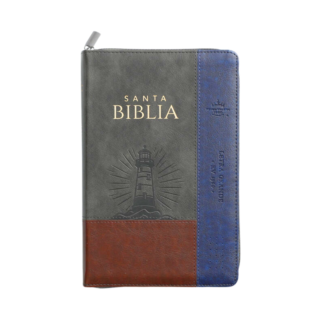 Biblia RVR60 Tamaño Manual letra grande i/piel Gris/azul/café Faro cierre/índice