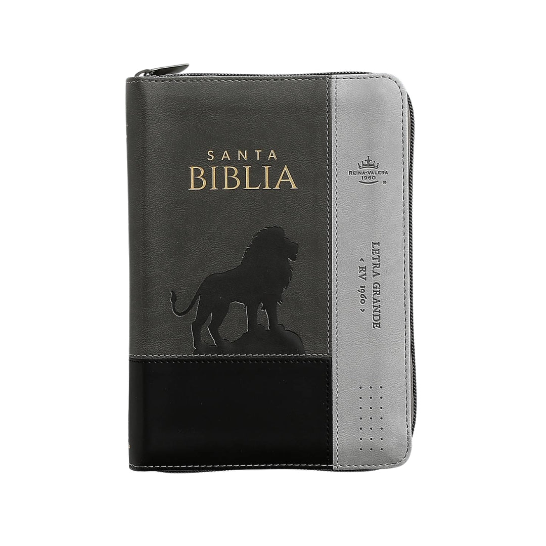 Biblia Reina Valera 1960 compacta Letra Grande i/piel tricolor gris León con cierre y con índice