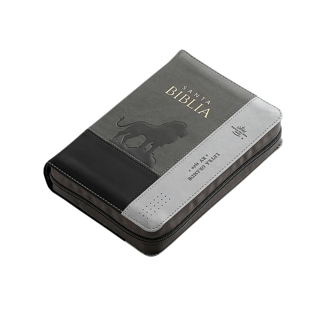Biblia Reina Valera 1960 compacta Letra Grande i/piel tricolor gris León con cierre y con índice