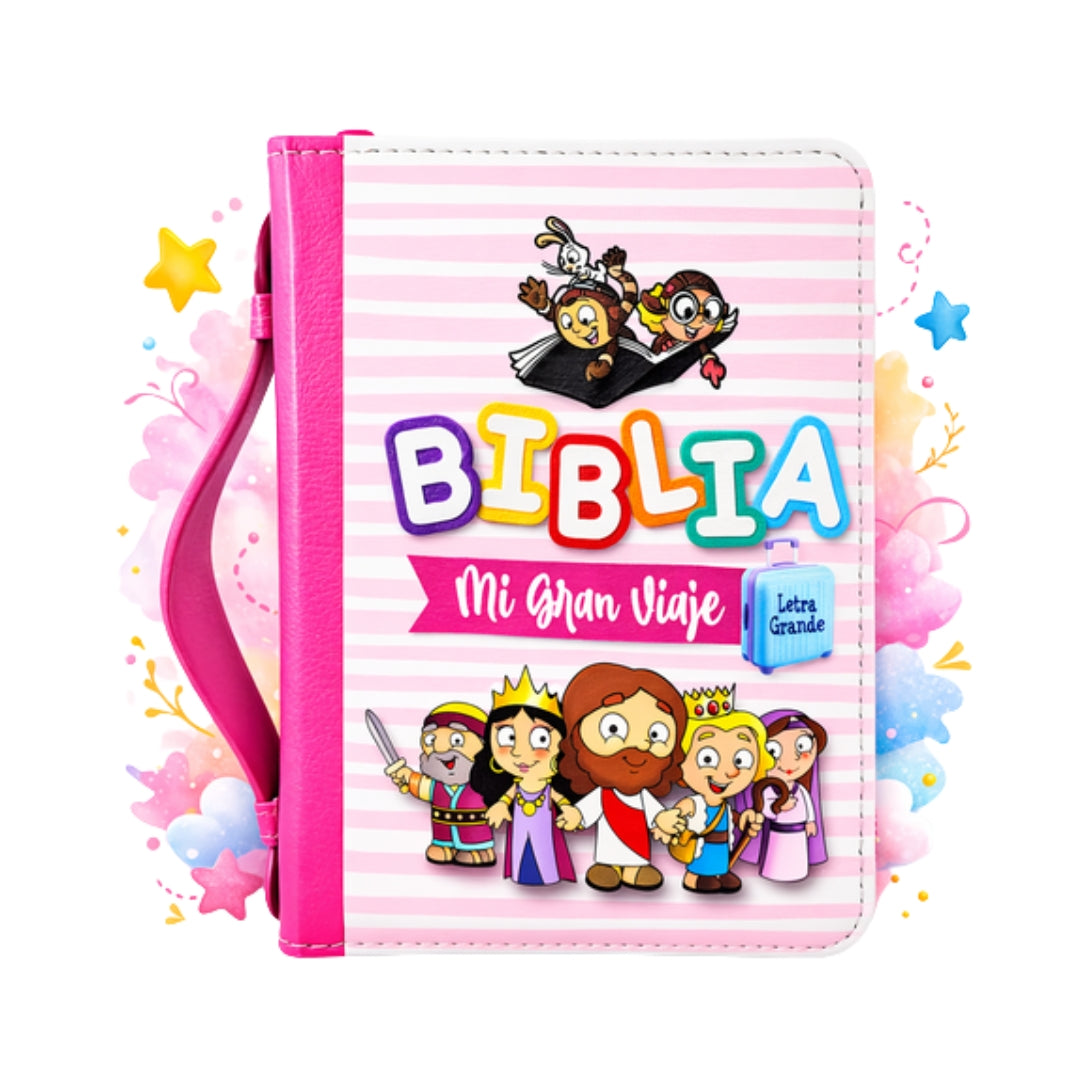 Biblia para Niñas Mi Gran Viaje Compacta con Cierre RV1960, imita piel rosa con asa de mano