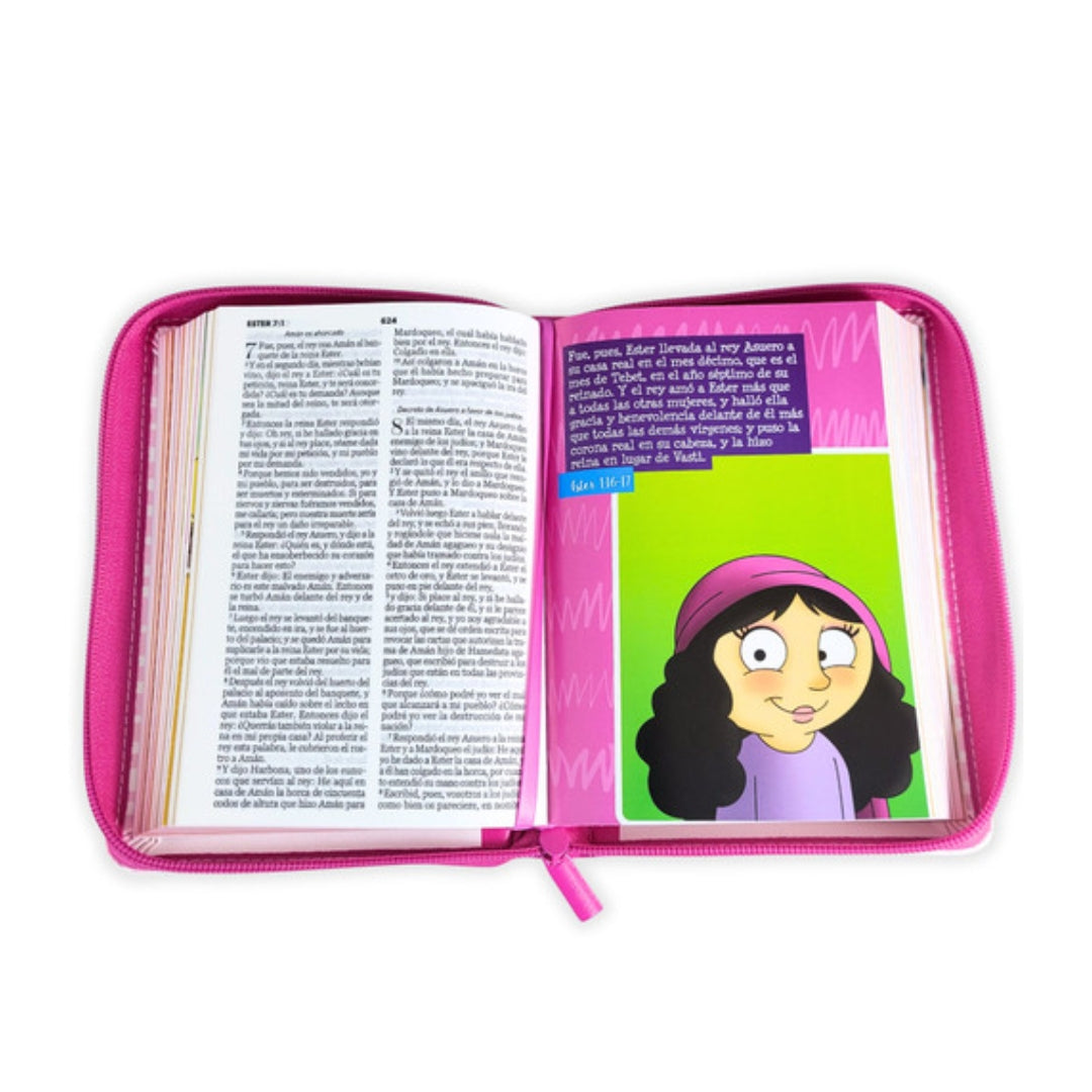 Biblia para Niñas Mi Gran Viaje Compacta con Cierre RV1960, imita piel rosa con asa de mano