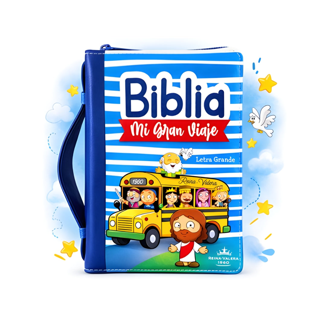 Biblia para Niños Mi Gran Viaje Compacta con Cierre RV1960, imita piel Azul con asa de mano
