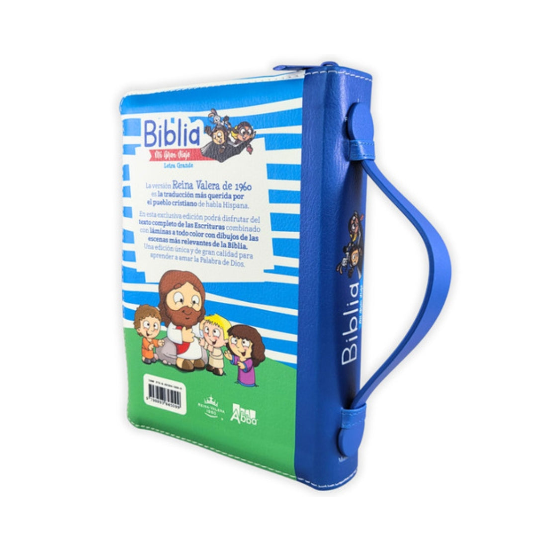 Biblia para Niños Mi Gran Viaje Compacta con Cierre RV1960, imita piel Azul con asa de mano