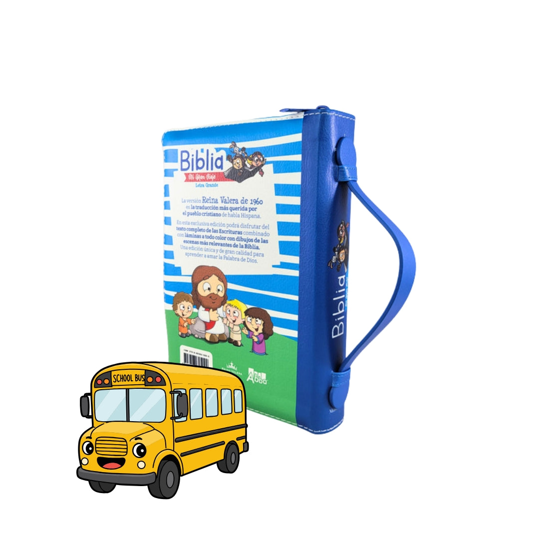 Biblia Mi Gran Viaje de Bolsillo con Cierre RV1960, imit piel azul con asa de mano