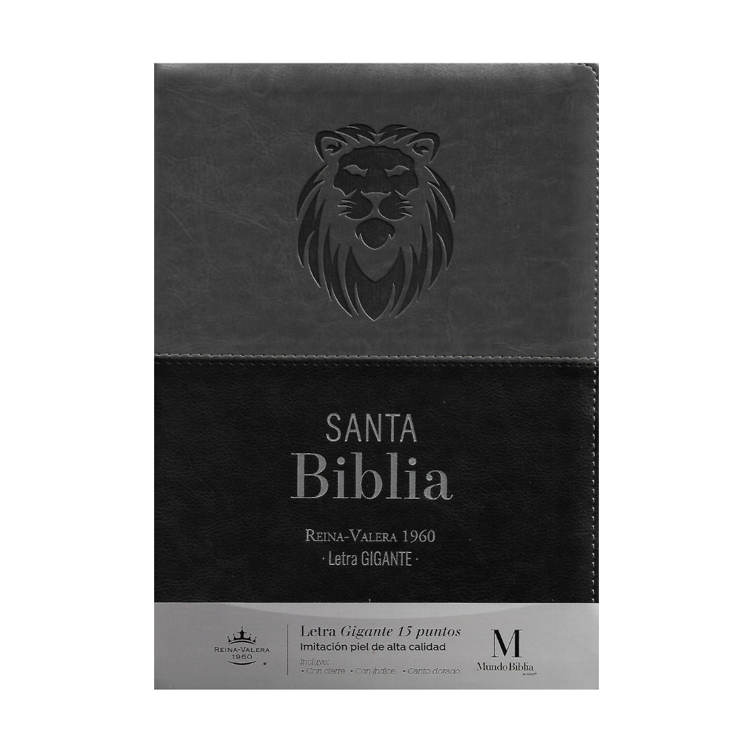 Biblia RVR60 Letra Gigante i/piel Bitono Negro/GRis León con cierre e índice