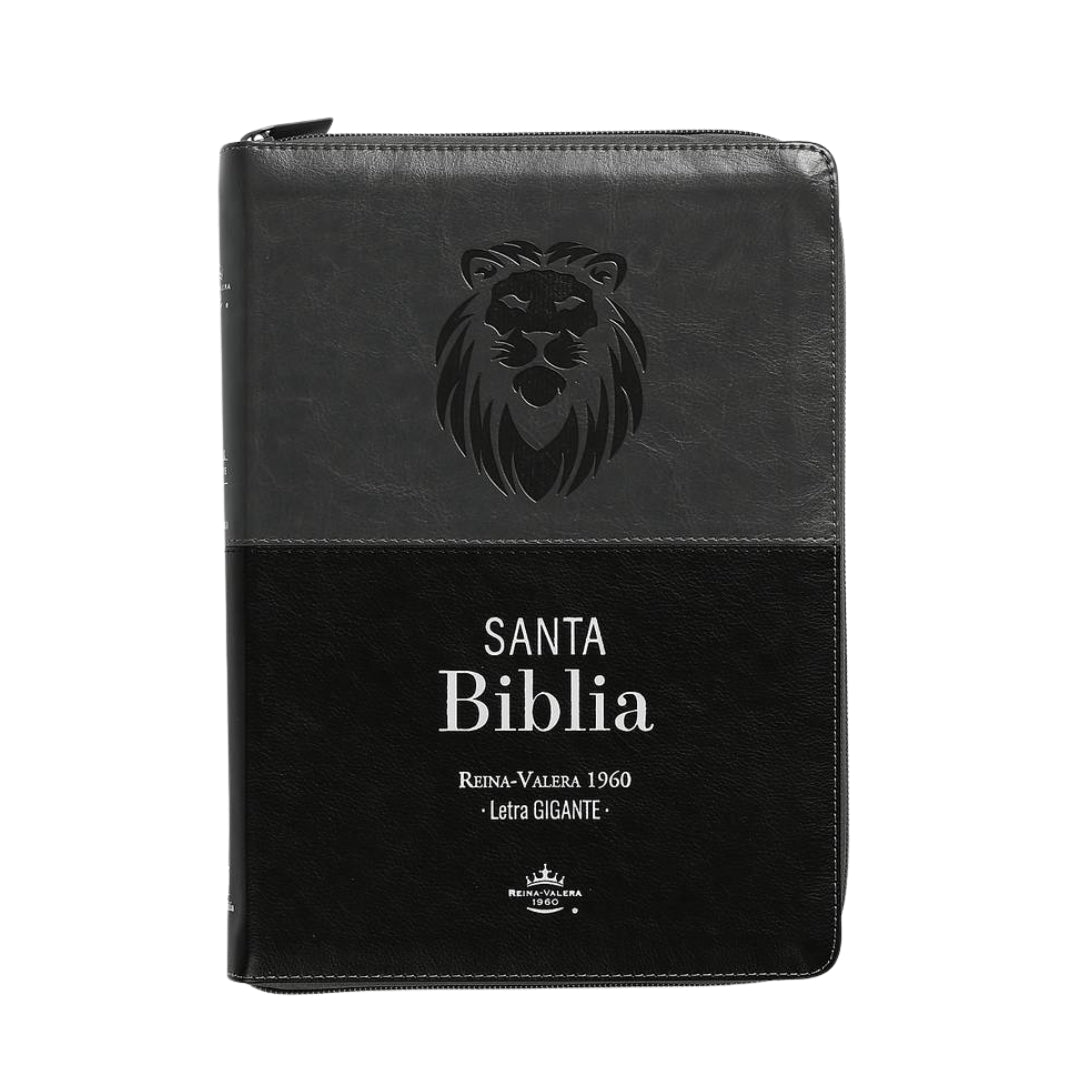 Biblia RVR60 Letra Gigante i/piel Bitono Negro/GRis León con cierre e índice