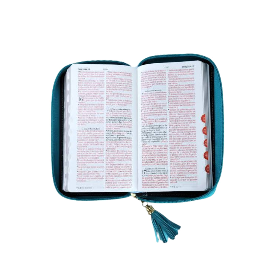 Biblia Chequera RV1960, imit. piel turquesa y blanco con índice