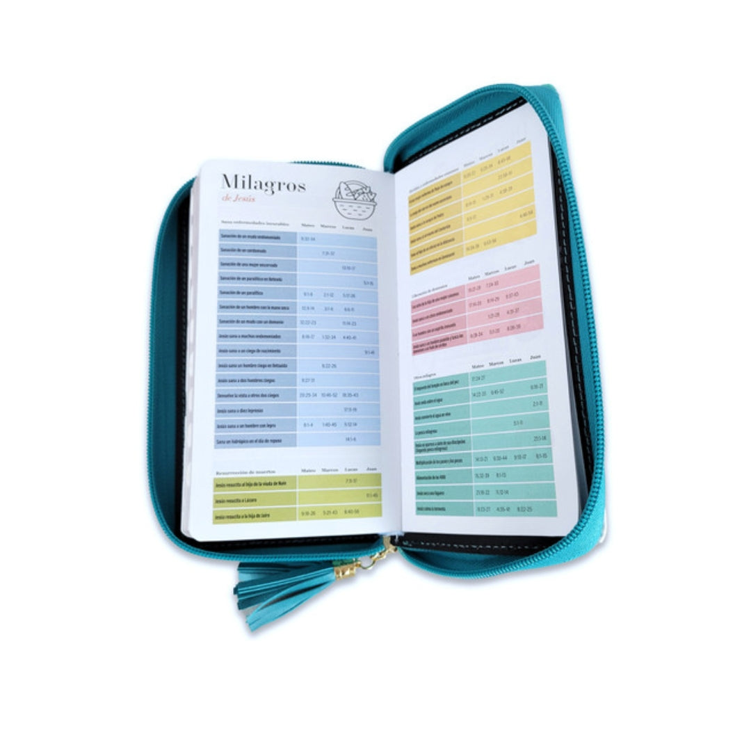 Biblia Chequera RV1960, imit. piel turquesa y blanco con índice