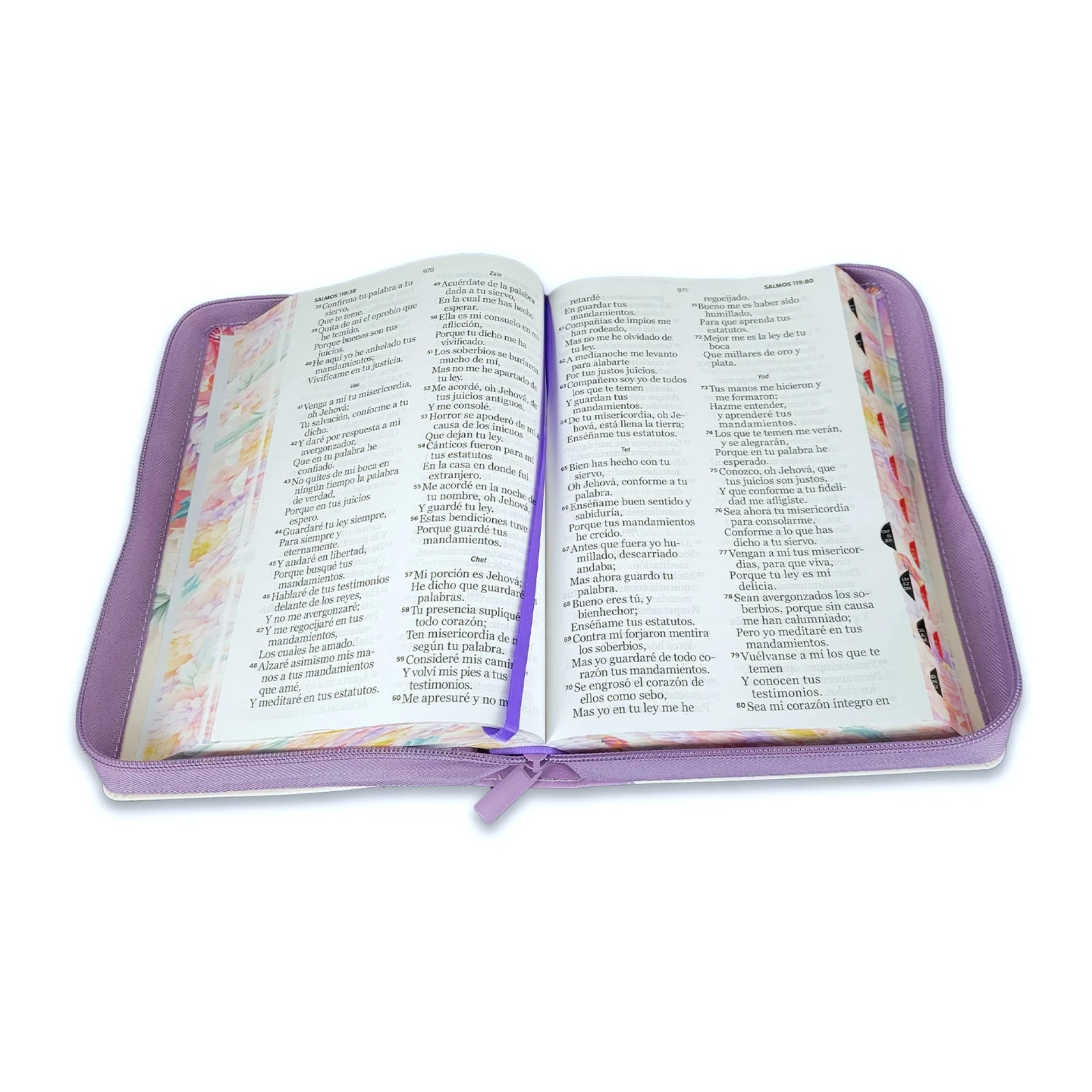 Biblia Reina Valera 1960 Letra Gigante PJR filo Floral con Cierre e Índice Jardín Lila