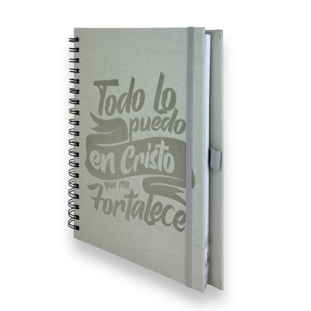 LIBRETA CON VERSÍCULOS Y DISEÑOS/ "TODO LO PUEDO "GRIS CLARO