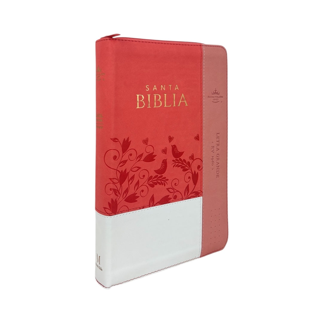 BIBLIA REINA VALERA 1960 LETRA GRANDE IMITACION PIEL BLANCO/CORAL PAJARITOS