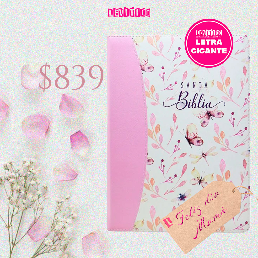 BIBLIA RVR 1960 GIGANTE DISEÑO MARIPOSA TURQUESA/ROSA IMIT PIEL ROSA