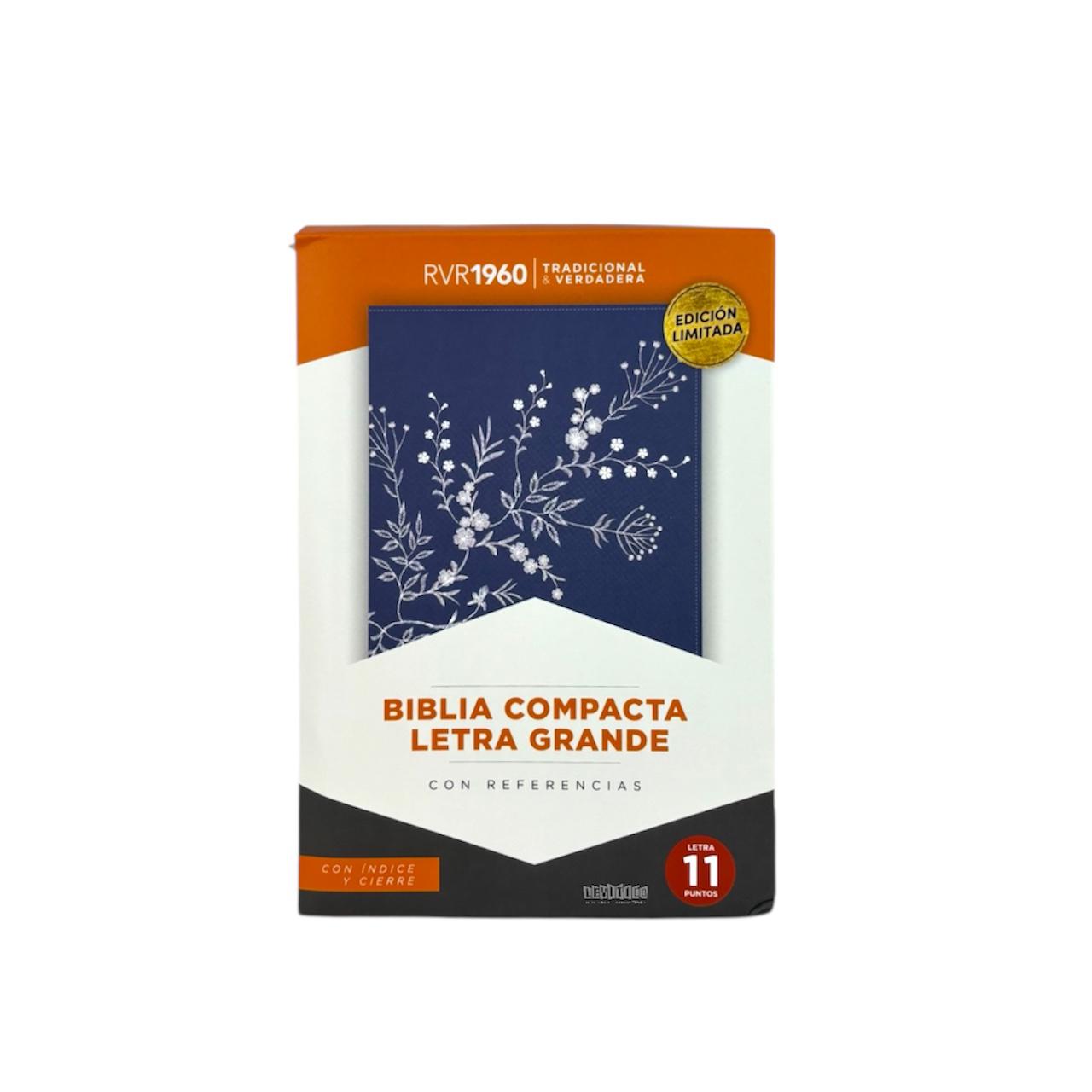 BIBLIA RVR 1960 LETRA GRANDE MANUAL EDICIÓN LIMITADA MEZCLILLA FLORES CIERRE/INDICE