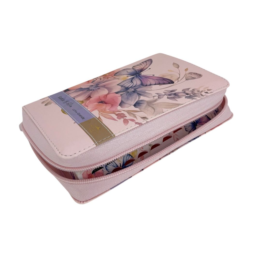 Biblia Reina Valera 1960 letra grande compacta imitacion piel flores sobre rosa c/cierre indice