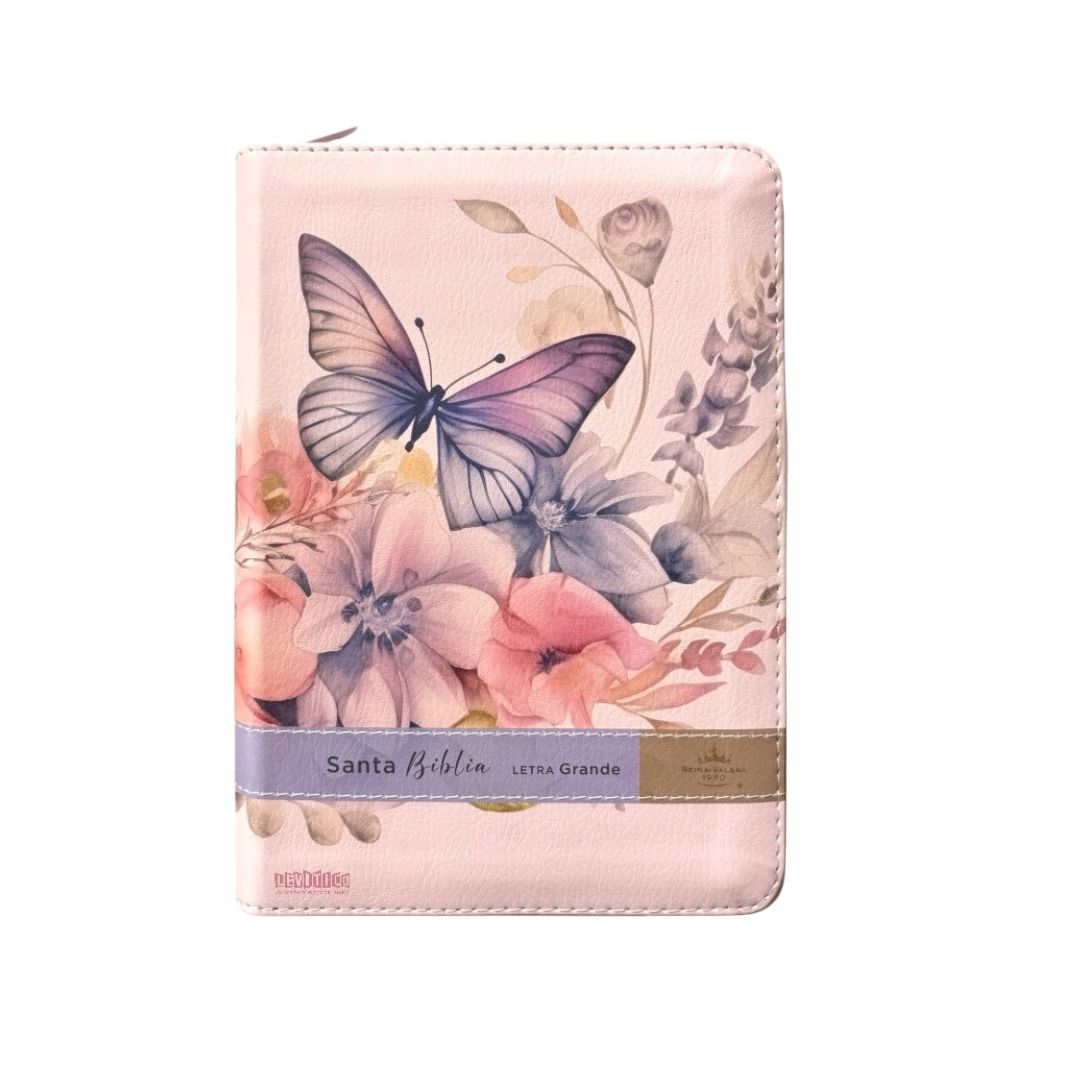 Biblia Reina Valera 1960 letra grande compacta imitacion piel flores sobre rosa c/cierre indice