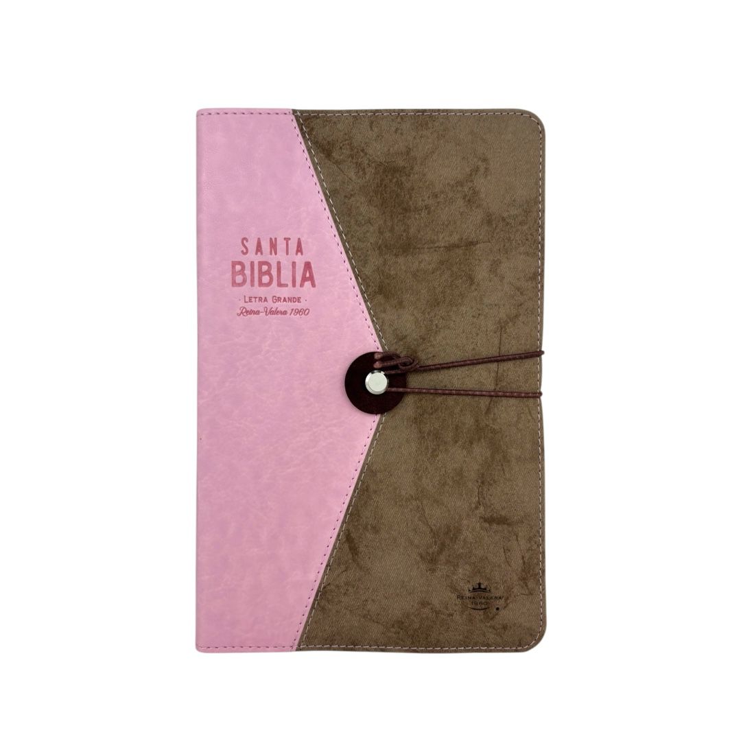 Biblia reina valera 1960 con elastico letra grande vintage imitacion piel Rosa/cafe