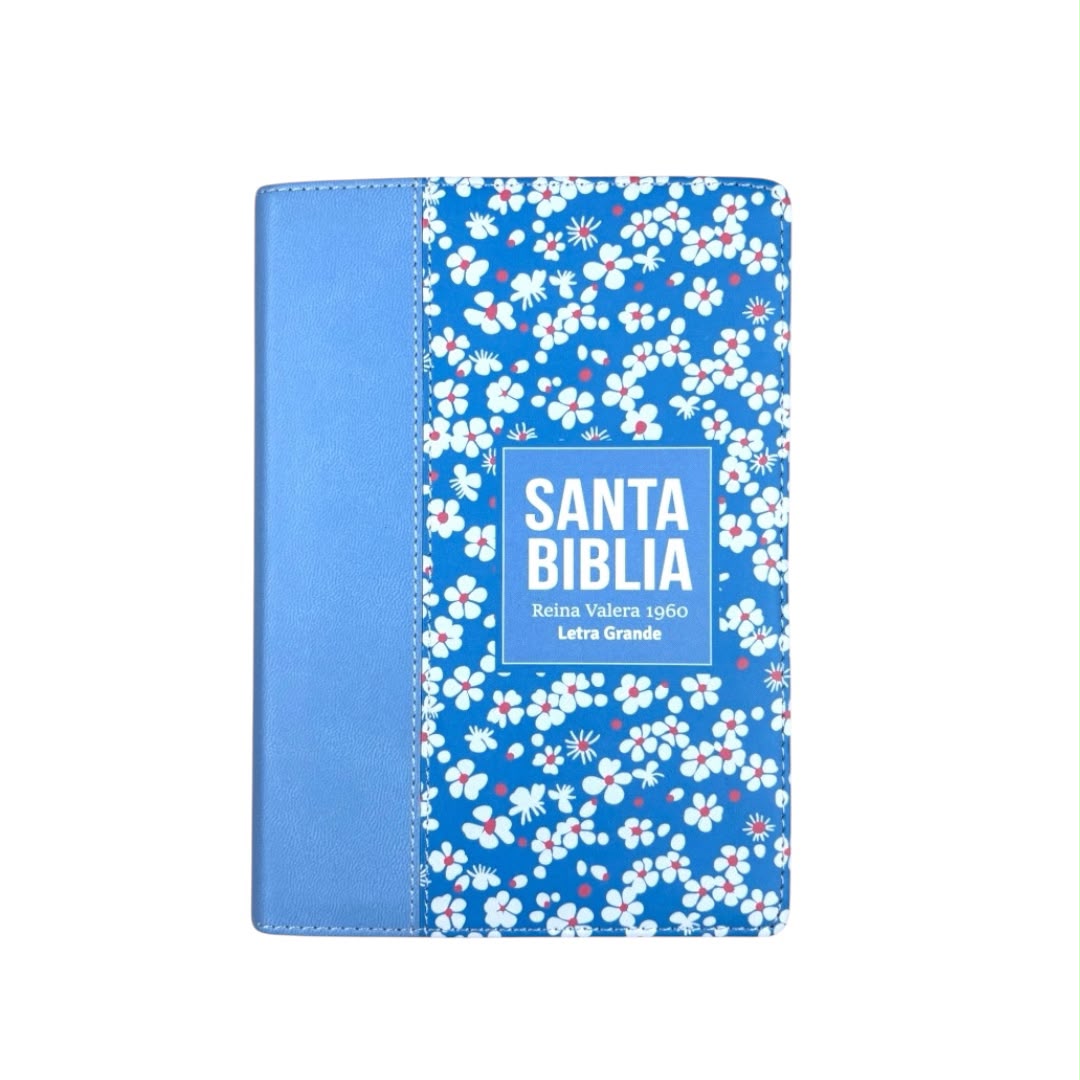Biblia reina valera 1960 compacta letra grande  azul claro flores