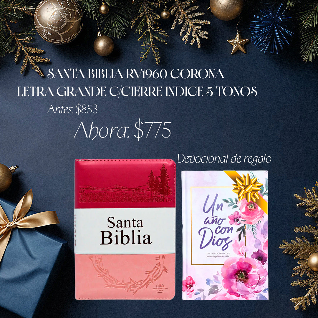 Paquete BIBLIA RV1960 CORONA LETRA GRANDE C/CIERRE + Devocional de regalo