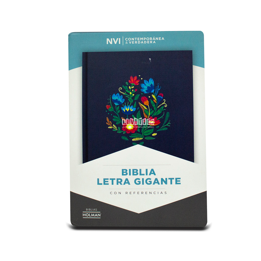 Biblia NVI Letra Gigante, azul bordado sobre tela